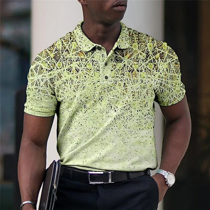 Summer Men's Polo Lapel Golf Shirt with Printed Geometric Pattern Fold