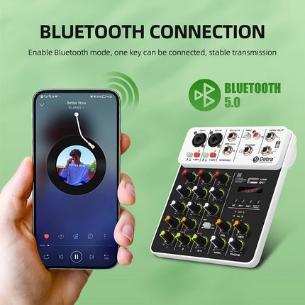 Debra NEW V4 Audio Mixing Console Bluetooth USB Record PC 48V Phantom Power Delay Repaeat Effect 4 Channels USB Audio Mixer.