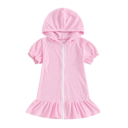 Girls Swimwear Cover-ups Solid Color Short Sleeve Zipper Ruffle Beach Dress Toddler Bathing Suit Kids Bikini Cover Up 1-8Y