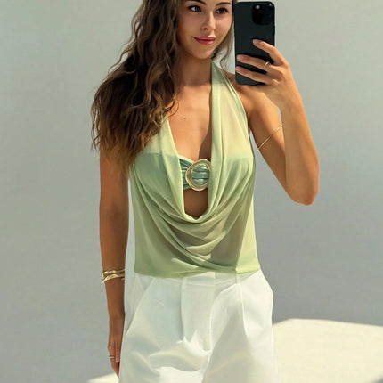 Women's Summer Vacation Sexy Semi-transparent Drop-Neck Metallic Decorated Backless Vest, Off-Shoulder Top
