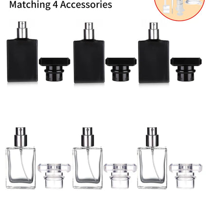 6Pcs+4 Accessories 30ml/1 oz Clear Black Refillable Perfume Bottle, Portable Square Empty Glass Perfume Mist Bottle.