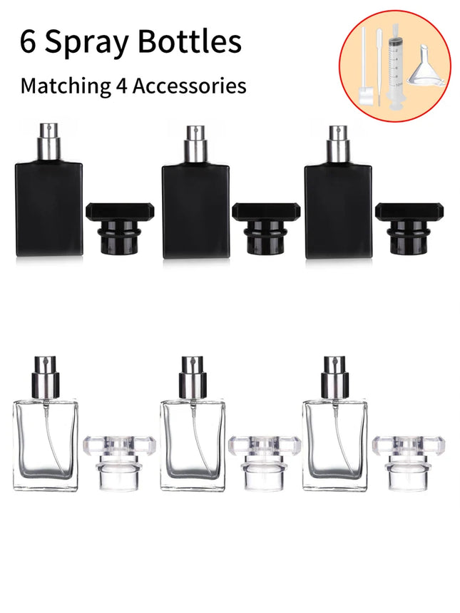 6Pcs+4 Accessories 30ml/1 oz Clear Black Refillable Perfume Bottle, Portable Square Empty Glass Perfume Mist Bottle.