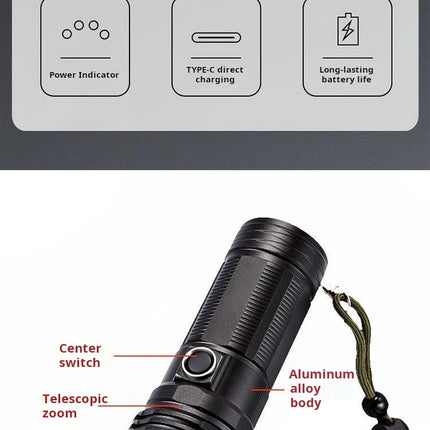 New model LED adjustable focus flashlight, USB rechargeable, aluminum alloy, high-intensity, outdoor camping self-defense flashl