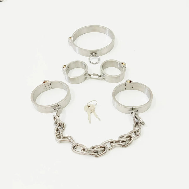 Stainless Steel Detachable Buckle Chain Lockable Neck Collar Wrist Handcuffs Ankle Cuffs Slave BDSM Bondage Restraints Sex Toys