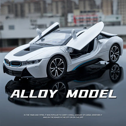 1:22 BMW I8 Sports Car Alloy Diecast Model Car Vehicle Collection Simulation Sound & Light Toys Car Children Birthday Day Gifts