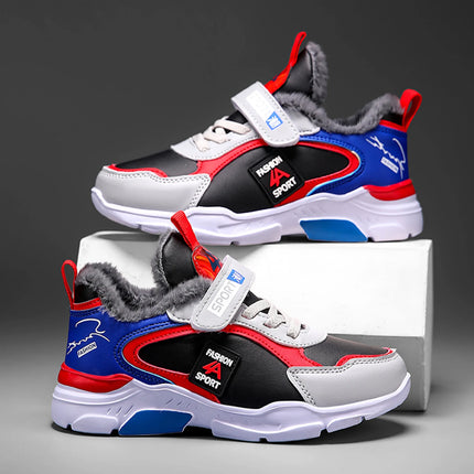 Autumn and Winter Kidsren's Shoes, Boys' Sports Shoes, Leather-Covered, Velvet-Lined, Breathable, Non-Slip, Versatile Sports Shoes for Middle-Aged and Older Kidsren and Primary School Students