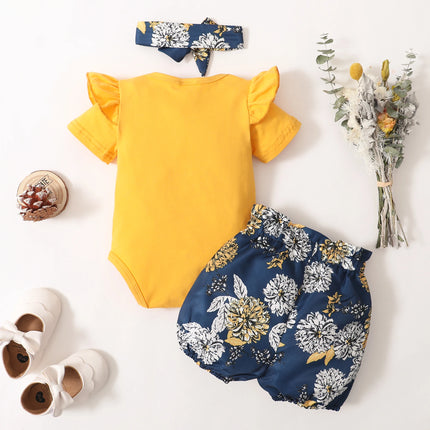 Baby girl Set solid Color Bodysuit +Printed shorts+Headband Three Piece set 0-18 Months Baby Girl Summer Comfort Set