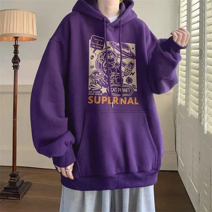 Autumn Cartoon Cat Planet Printed Hoodies Men's Y2K Vintage Purple Hooded Sweatshirts Women Hip Hop Fashion Fleece Hoody Clothes