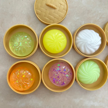 Crystal Mini Dumplings & Steamed Bun Squishy Set with Steamer Soft Squeeze Stress Relief Calming Fidget Toys Party Favors Gift