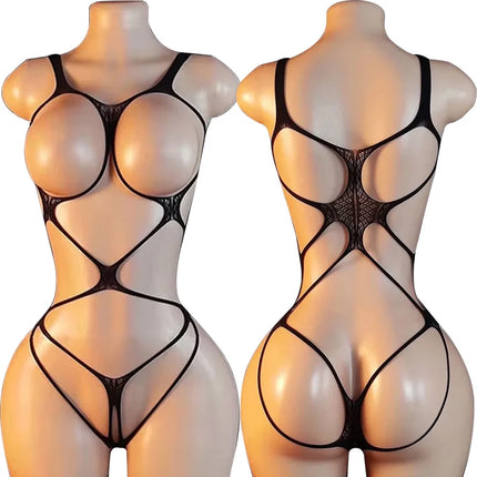 Summer Crotchless Lingerie Women Sexy Fishnet Hollow Open Bra Babydoll Dress  And Lace Stockings Erotic Apparel Porn Underwear