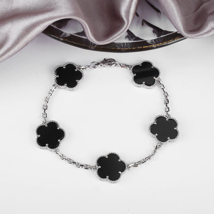 Hot Sale Premium 15mm Natural Stone White Shell Five Leaf Flower Bracelet Gold Silver Lucky bangle For Women Girls Party Daily