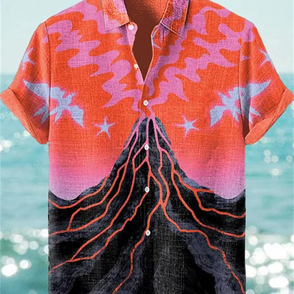 Men's Volcano Animal Pattern Linen Shirt Summer Fashion Short Sleeve Button Collar Shirt Hawaii Casual Shirt Top