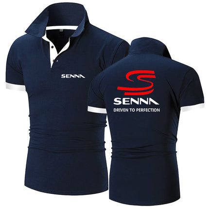 2025 Summer Man's Ayrton Senna Logo Print Trendy Breathable Loose New Solid Color Casual Short Sleeve Lapel Collar Polo Shirt
