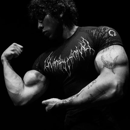 GYM T-shirt Men's Dark Gothic Print Muscle Tee  High Elasticity And Quick Drying Exercise For Bodybuilding Training 2025 Summer