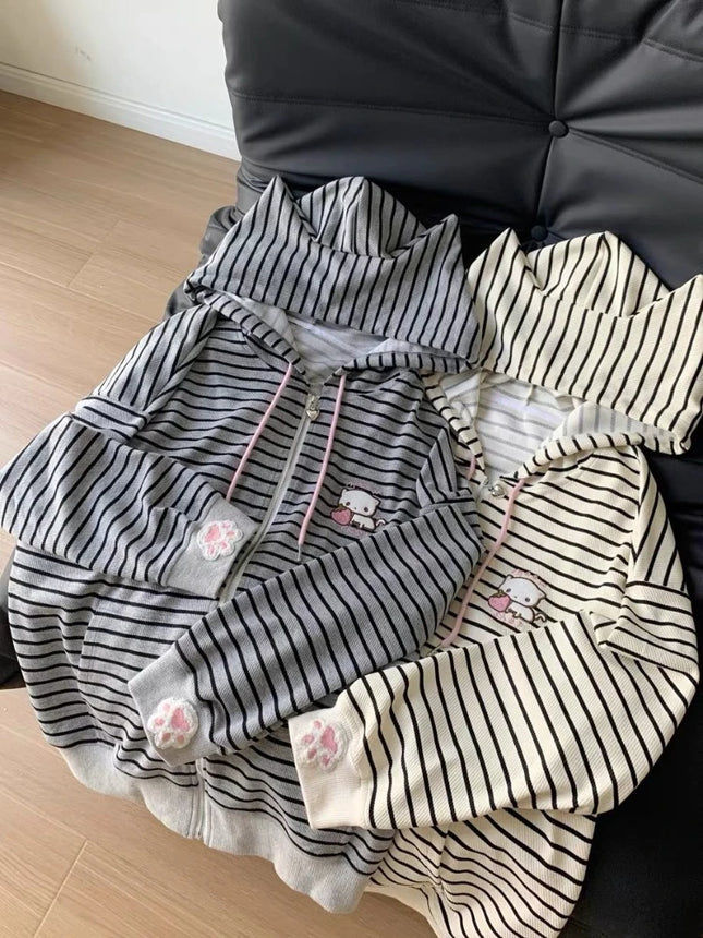Japanese Kawaii Cat Ears Long Sleeve Hoodie Women Sweet Casual Striped Sweatshirt Zipper Cartoon Embroidery 2025 Autumn