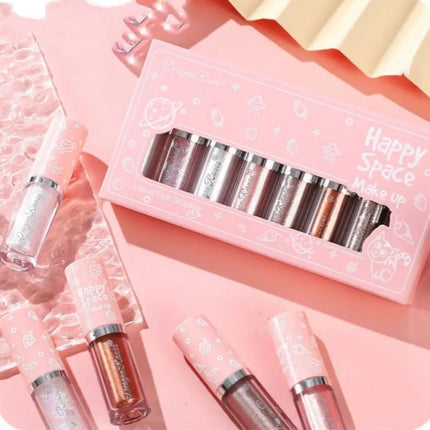 Liquid Eyeshadow Eight-Piece Set Box with Dazzling Shimmer, Fine Glitter, Bright Crystal Pearl Shimmer, High-Gloss Highlighter, Brightening and Contouring Eyeshadow Liquid