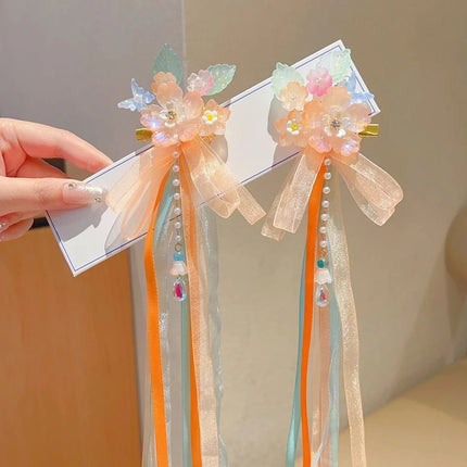 Fairycore Floral Hair Clips with Ribbons & Tassels - Traditional Chinese Hair Accessories for Hanfu | Gift for Girls