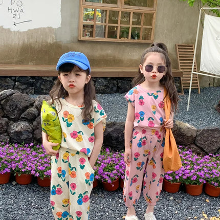 2026 Summer Children Girls 2PCS Clothes Set Cotton Floral Printed Short Sleeve Tees Suits Loose Cropped Pants Kids Girls Outfits
