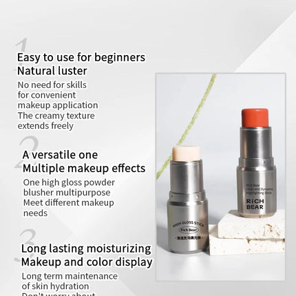 Rich Bear Highlighter Stick - Dewy Finish, Contour & Blush 3-in-1, Natural Glow with Fine Shimmer, Affordable Makeup Stick