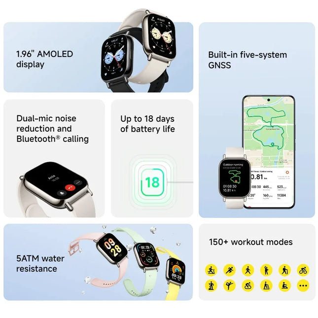 Global Version Redmi Watch 5 Lite 1.96'' AMOLED display 18-Day Battery life Built-in GNSS 5ATM Bluetooth® calling
