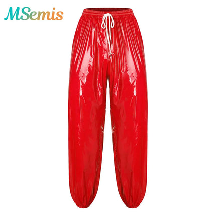 Mens Shiny Baggy Glossy Pants Y2K Drawstring Waist Trousers Elastic Waistband Side Pockets TrackHip Hop Y2K Pants Streetwear