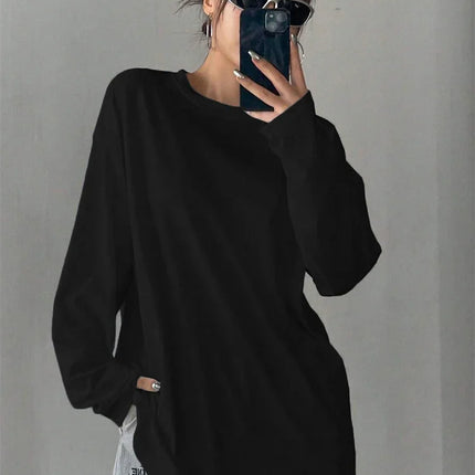 Women's Basic Long Sleeve Loose O-neck T-shirt Autumn Winter Solid Color Tee Top Streetwear