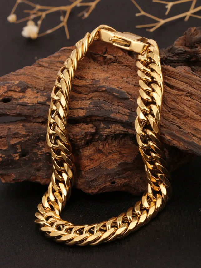 1 Piece of Thick Cuban Chain with Double-Woven Six-Sided Polished Links and Dragon Head Clasp, 18K Gold-Colored Stainless Steel Men's Adjustable Bracelet, Bold Hip-Hop Fashion Trend, Stylish and Cool, Suitable for Men's Daily