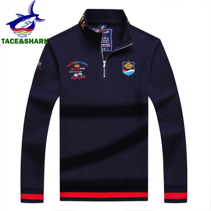 TACE&SHARK Fashion Men's Shark Embroidery Long Sleeve Polo Shirt Cotton Casual Wear Business Solid Color Tops