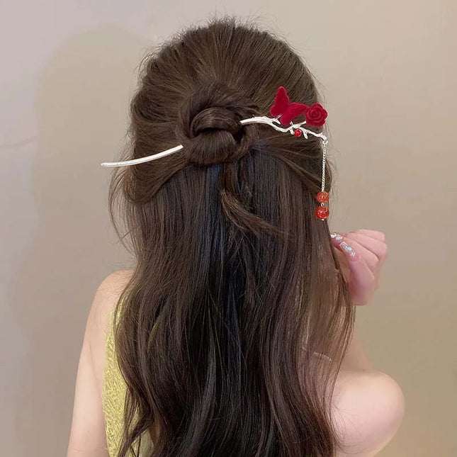 Rose Flower Hair Stick Tassel Hairpin Chinese Wedding Accessories Hairpin Hair Stick Female Hair Ornament Styling Tools