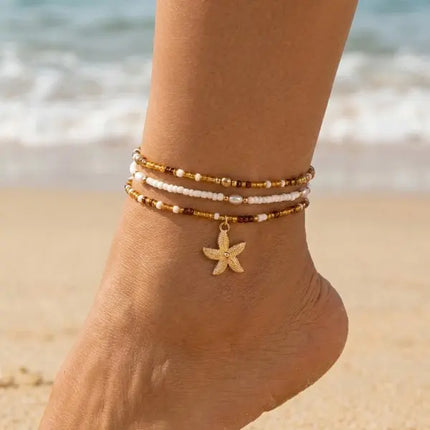 Bohemia Multilayer Rice Bead Anklet Set for Women Fashion Starfish Pendant Anklets Summer Sandy Beach Ankle Chain On Leg Jewelry