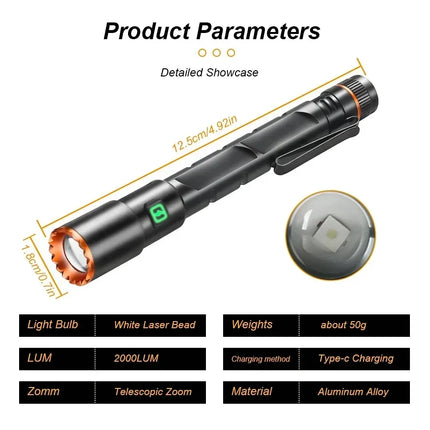 Mini Portable LED Flashlight Built-in Battery Torch With Pen Clip Tail Magnet USB Rechargeable Outdoor Camping Fishing Lantern