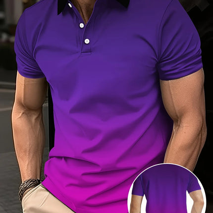 Men's fashion gradient color shirt polo lapel golf shirt short-sleeved printed button clothing, fashionable design, casual and b