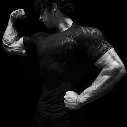 GYM T-shirt Men's Dark Gothic Print Muscle Tee  High Elasticity And Quick Drying Exercise For Bodybuilding Training 2025 Summer