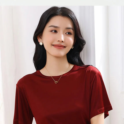 Summer Women's Short Sleeve O-Neck T-Shirt Knitted Acetate Fabric High-End Thin Pullover Top for Ladies