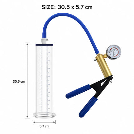 Sex Toys Vacuum Pump Trainer with Clear Acrylic Measuring Cylinder Blue Hose Metal Pressure Gauge and Manual Air Control Handle