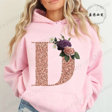 Rose Gold Letter A~Z Printed Women's Sweatshirts Hoodie Fashion Women Hooded Hoodies Casual Harajuku Streetwear Pink Clothing