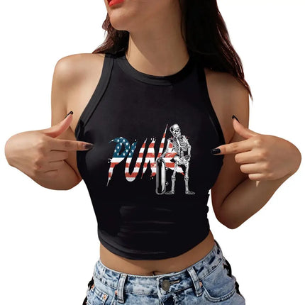 Nadanbao Women's Vest Summer Casual American Flag Tie Dyeing Cropped Tight Sleeveless T-Shirt Streetwear Crop Tops Y2K Tees