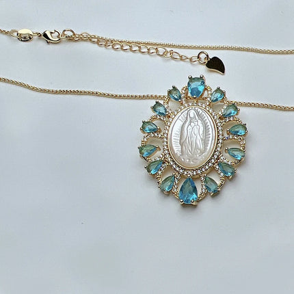 Hot Sell Religious Guadalupe Virgin Mary Necklace Female Metal Zircon Mother Pearl Shell Medal Pendant For Women Fashion Jewelry