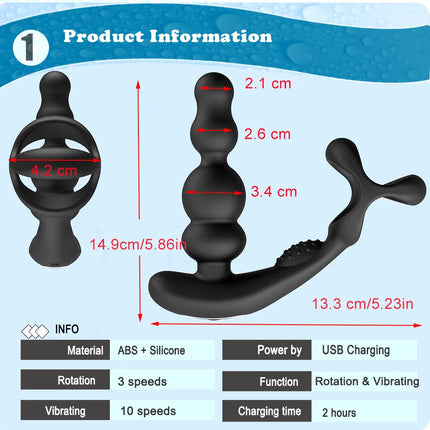 360° Rotating Anal Beads Prostate Massager with Cock Ring Remote Control Vibrating Butt Plug - Adult Toy for Men