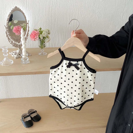 Korean-style summer baby girl polka dot bow jumpsuit, baby girl comfortable and cute sling jumpsuit, very suitable for home and