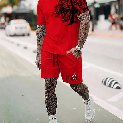 2024 New Crew Neck Short Sleeve T-shirt Fashion Shorts Set 3D Lion Print Short Sleeve Shorts 2-piece Men's Summer Sports Set