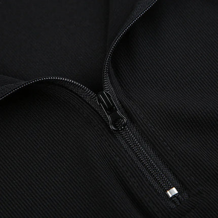 Women's T-shirt Autumn New Black Long Sleeves Crop Top Casual Fashion Zippers T-shirt Lady Turn-down Collar Sexy Tops Clothing