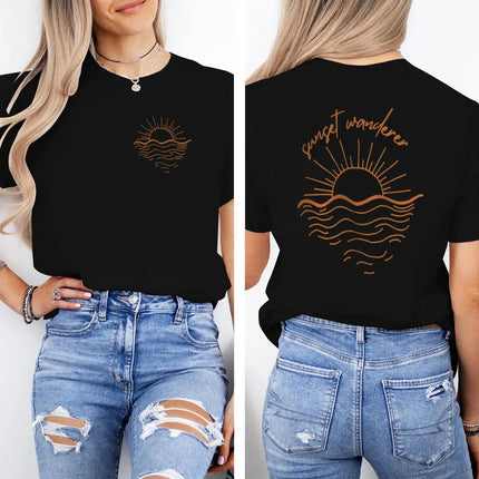 Beach Sunset Graphic T Shirts Women Men Beach Sunset Design Casual Tops Tees Tropical Beach Short Sleeve T-shirt