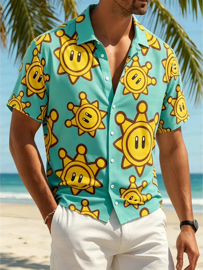 Summer Men's Women's Yoshi Full Body Printed Button Casual Hawaiian Shirt Summer Beach Vacation Short Sleeve Shirt