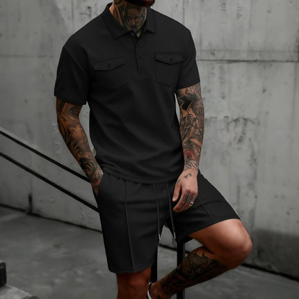 Summer Men's Waffle Knit 2 Piece Outfit Short Sleeve Polo with Pockets & Casual Shorts Set