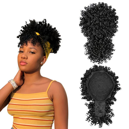 Afro Puff Synthetic Drawstring Ponytail with Bangs Pineapple Updo Hair for Black Women, Short Kinky Curly Ponytail Bun (1B)