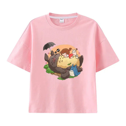 Summer Cartoon Miyazaki Totoro Print Children's Cotton T-shirt Short-sleeve Street Fashion Girls Clothes Cute Funny Kid Tees Top