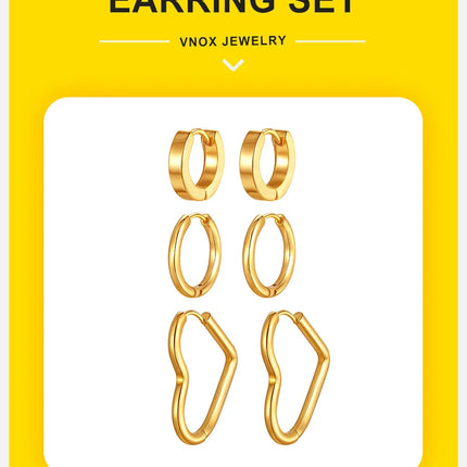Vnox 6pcs/set Stainless Steel Stud Hoop Earrings Simple Classic 18K Gold Plated Earrings For Women Holiday Jewelry Set Wholesale