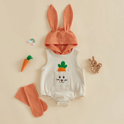 FOCUSNORM 0-18M Lovely Baby Boys Girls Easter Romper Bunny Carrot Embroidery Pocket Sleeveless Hood Jumpsuits Socks