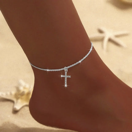 Shiny Sparkling Simple Anklet for Women Cross Pendant Silver Color Elegant Jewelry Female Beach Ankle Bracelet on Foot Gifts